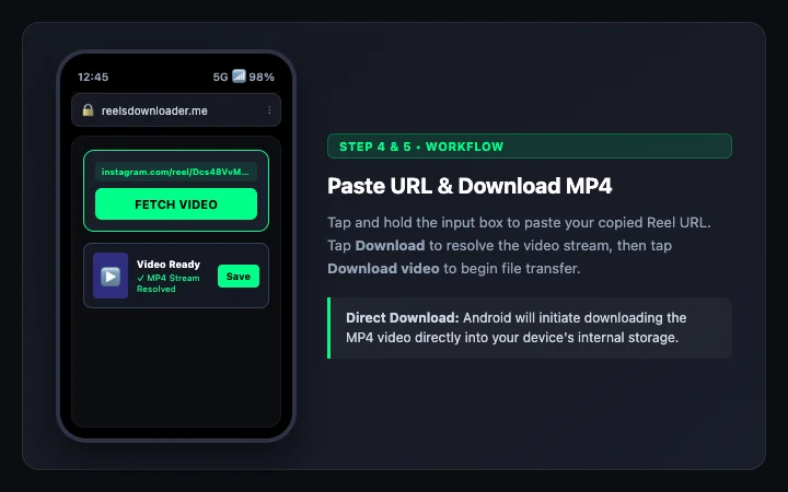 Pasting a link into ReelsDownloader and tapping the download button
